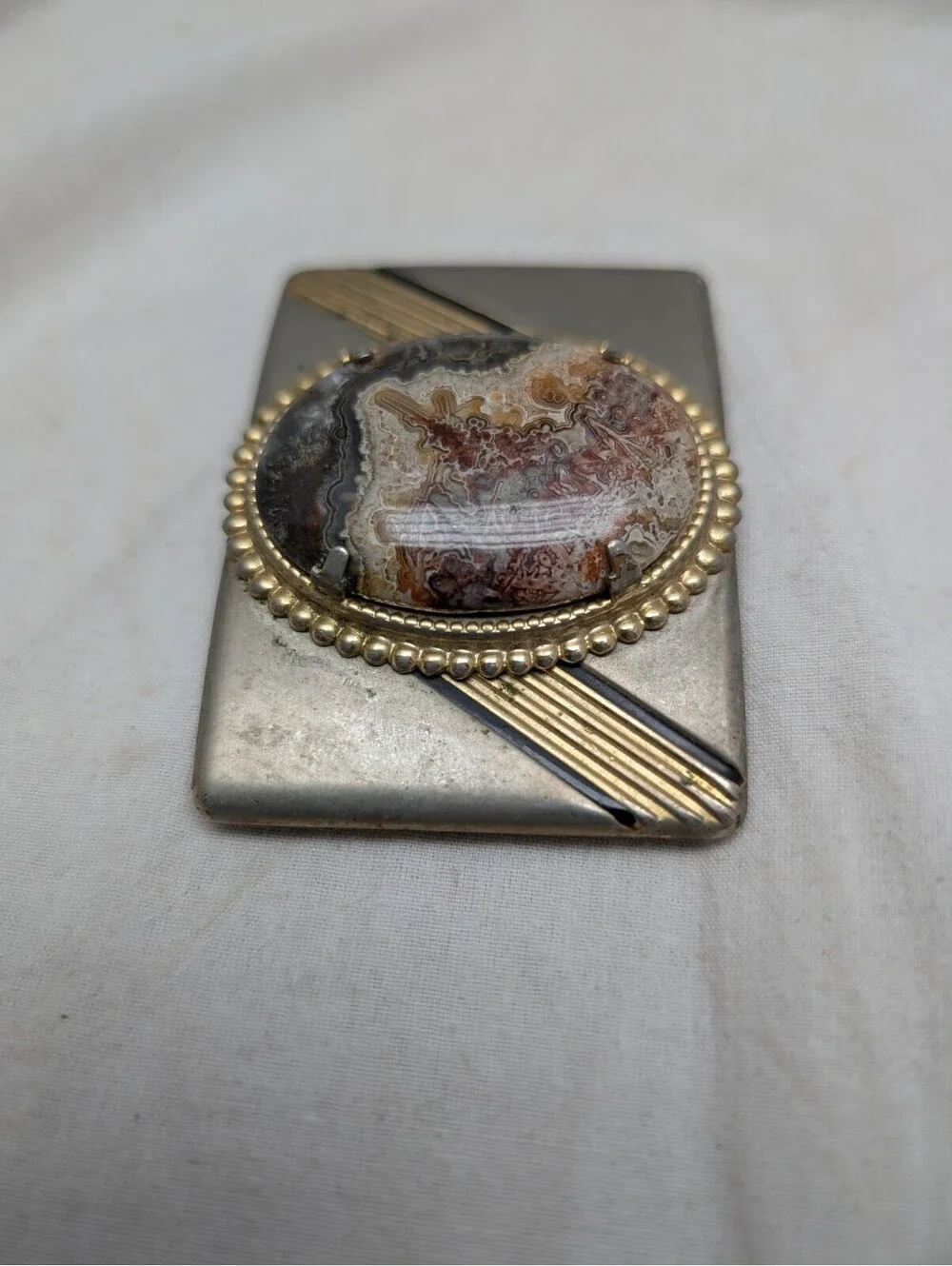 Unisex Belt Buckle, metal with a Brown & Cream-Colored Stone, 2 1/2